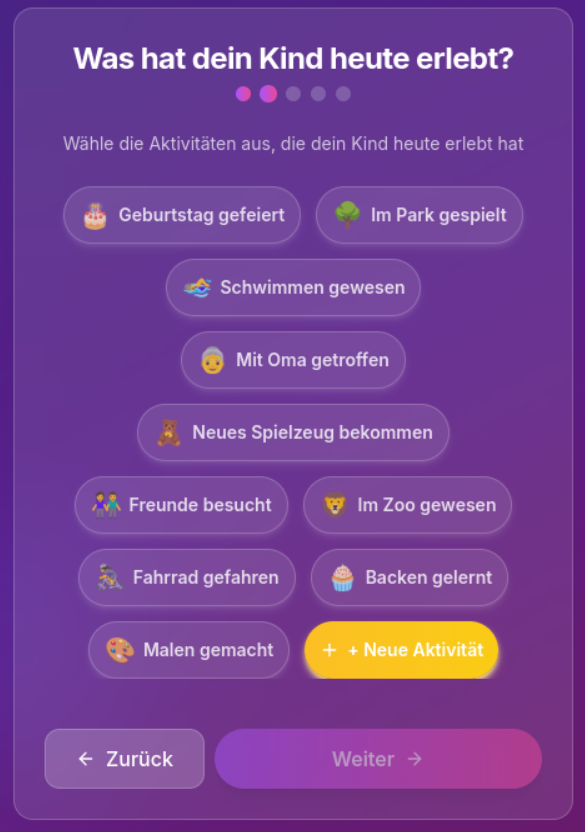 Traumreise activities selection UI